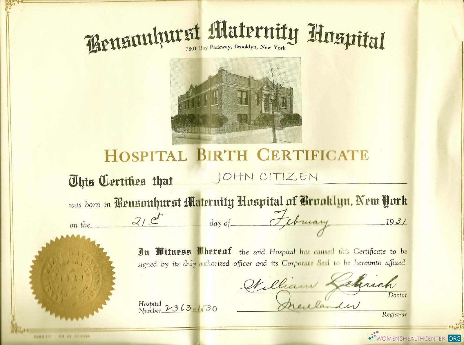 Download New York Bensonhurst Maternity hospital birth certificate Photoshop template